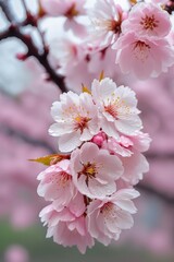 Rain-soaked cherry blossoms on a branch, delicate petals , blossom, tranquil, delicate