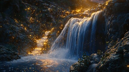 Enchanted waterfall flowing from glowing rocks fireflies flickering around cinematic magical realm
