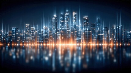 Fototapeta premium Futuristic city skyline with glowing lights and reflections.