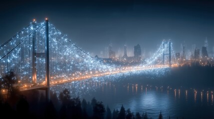 Obraz premium Illuminated bridge over water with a city skyline at night.