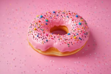 A pink donut with rainbow sprinkles and colorful polka dots , foodphotography, circle