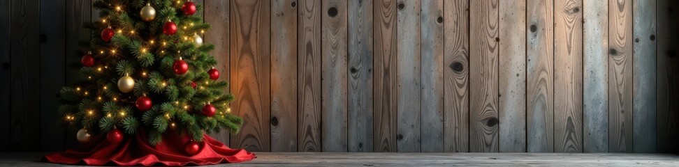 A rustic Christmas tree stands elegantly against a weathered wooden backdrop , christmas tree, wooden