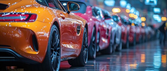 Sleek sports cars lined up in a showroom, glistening under the lights.  Reflecting the vibrant ambiance
