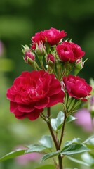 Vibrant Red Rose Blossoms and Budding Flowers Against a Soft Green Background