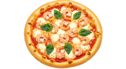 A delicious pizza topped with shrimp mozzarella and basil leaves on a white checkered background surface view