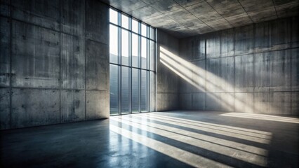 A large window in a concrete room with sunlight streaming through, casting long shadows on the floor.