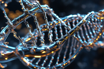 A 3D spiral illustration of a gold DNA helix, like a beaded necklace, shines with light against a blue and black background, representing the atom-level design of life