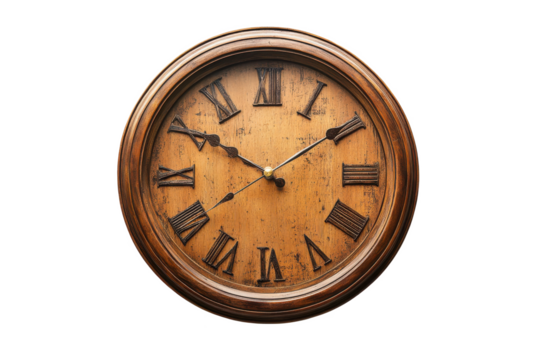 A wooden clock with roman numerals and golden hands isolated on a black background showing the time