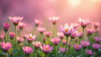 Delicate blush pink wildflowers carpet meadow, vibrant blooms , blooming, outdoor, pastel