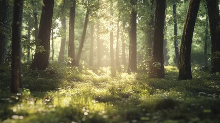 Fototapeta premium Forest Scene with Sunlight Shining Through the Trees