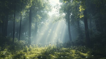 Obraz premium Sunlight Streaming Through a Dense Forest Clearing with Wildflowers