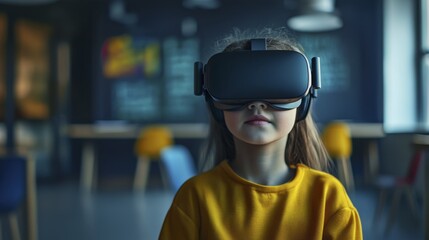 Girl with virtual reality headset explores digital simulation