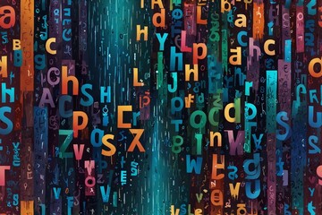 Colorful alphabet waterfall pattern on dark gradient abstract background