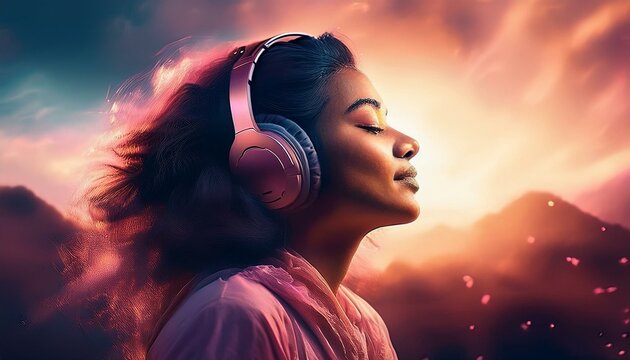 Woman listen to music with wireless headphones, enjoys the moment and relaxes 