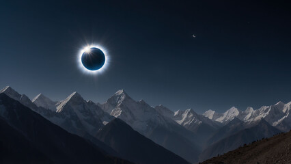 Solar Eclipse Over Himalayan Peaks with Cold Blue Tones and High Contrast Light