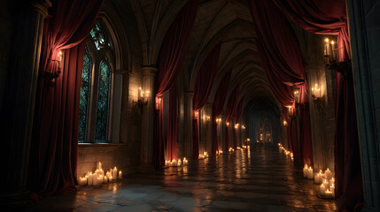 Obraz premium Dark Gothic Castle Hallway with Candles and Red Curtains
