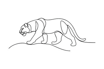 Line drawing of a graceful tiger walking in a continuous single black line against a white background