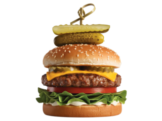 Stacked Cheeseburger with Pickles on Skewer Isolated on a Transparent Background