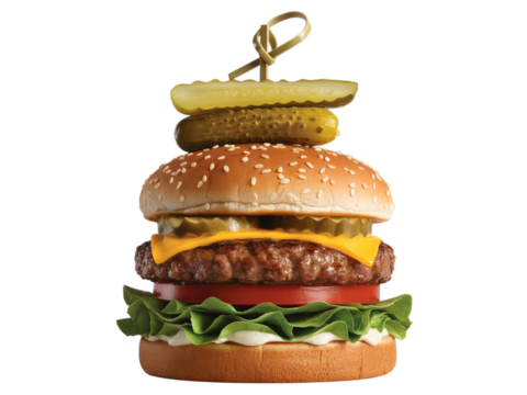 Stacked Cheeseburger with Pickles on Skewer Isolated on a Transparent Background - Powered by Adobe