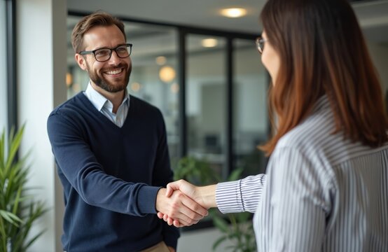 Businessman shakes hands with employee woman in office. Man smiles, good first impression. Happy people in business, new partnership. Corporate success, teamwork concept. Deal done, welcome to