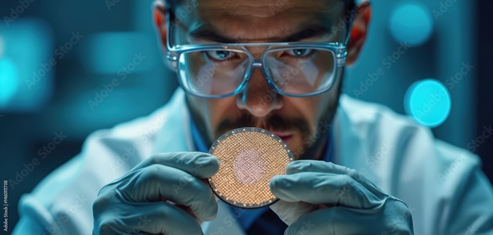 Poster Engineer examines semiconductor wafer. Close-up of detailed microchip grid pattern, high-tech tech. Precise inspection, quality control. Silicon, electronic component for future tech development,