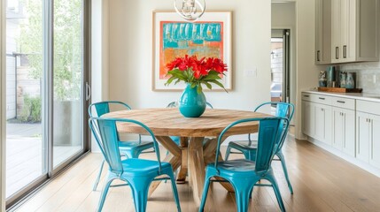 Obraz premium Modern kitchen with a round wooden table and blue metal chairs. Light cabinetry and a decorative vase with a red flower