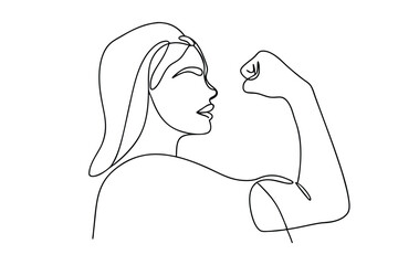 Minimalist line art drawing of a woman flexing her arm representing strength feminism power and self-esteem.