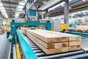 Wood planks move along conveyor belt, processed by automated machinery in factory.