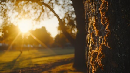 Golden sunlight illuminating a tree trunk in a park.
