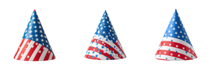 Colorful Party Hats with American Flag Design for Celebrations Isolated on a Transparent Background