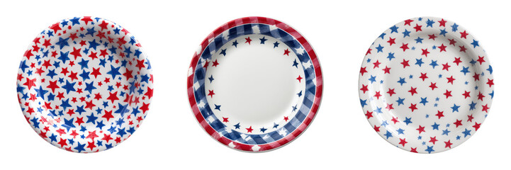 Fototapeta premium Decorative Plates with Colorful Star Patterns in Red, White, Blue Isolated on a Transparent Background