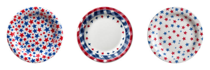 Decorative Plates with Colorful Star Patterns in Red, White, Blue Isolated on a Transparent Background
