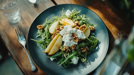Top view of fresh salad with arugula, pear, walnuts, and goat cheese on matte plate