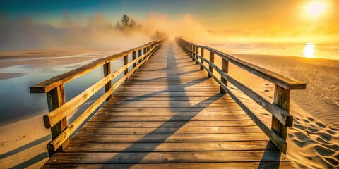 Obraz premium A wooden walkway leading to a misty horizon with the warm glow of the rising sun casting long shadows