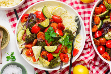 Couscous with assorted baked vegetables.selective focus