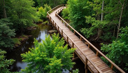 Wooden pathway winding through lush green forest along the tranquil stream, vibrant and serene concept of eco-tourism or nature conservation