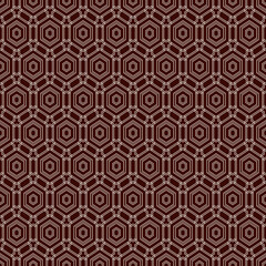 Honeycomb seamless pattern. Hexagon mosaic tiles ornament. Ethnic surface print. Repeated geometric figures background. Ornamental wallpaper. Modern geo design digital paper. Vector abstract artwork