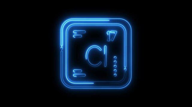 Neon periodic table element chlorine glowing blue light on black background
