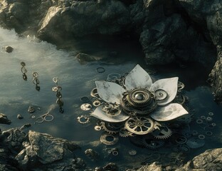 Industrial flower in a rocky pool. Gears and metal parts arranged like a lotus blossom in a natural setting