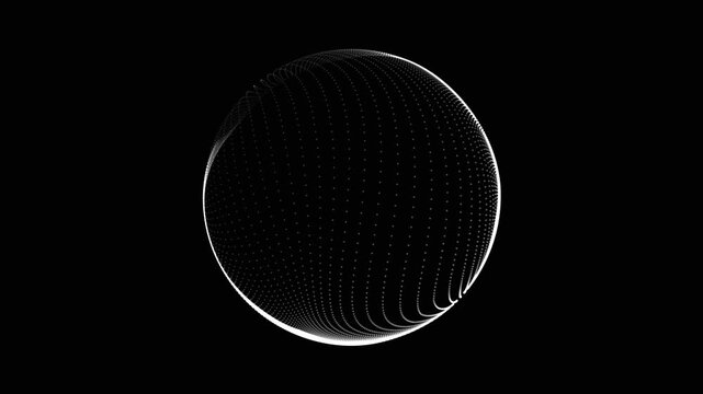 Abstract minimalist 3d sphere seamless motion. White particle sphere of lines and dots on black. Digital technology, artificial intelligence, business and big data. 3d futuristic globe. 4k loop.