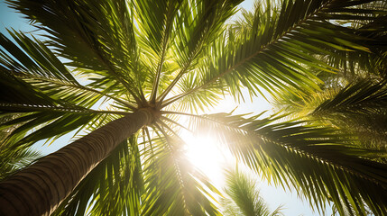Fototapeta premium Looking up through palm fronds with sunlight beaming through