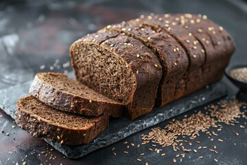 rye-bread style loaf with flaxseed and chia seeds – healthy multigrain bread for food styling and bakery ads