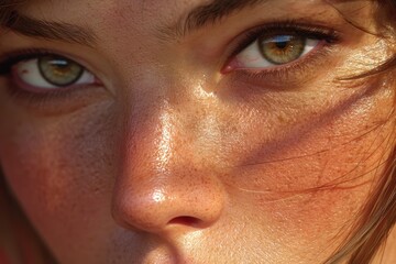 Fototapeta premium Freckled Beauty: Realistic Portrait of a Glowing Woman