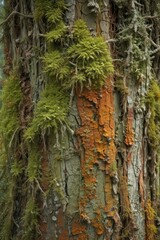 Obraz premium Ancient moss-covered tree trunk, weathered bark, lichen , time, brown, wild