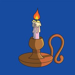 Vintage Candle Illustration with Brass Holder on Blue Background

