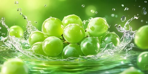 Minimalist creative illustration of green Shine Muscat grapes floating in mid-air, with splashes of water around them, representing freshness and purity.