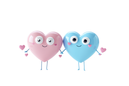 Two cartoon hearts holding hands a pink one and a blue one on a black background looking forward