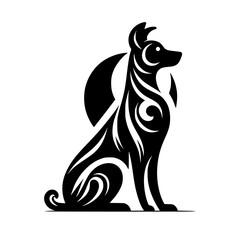 Tribal Dog Silhouette, Black and White Vector Illustration