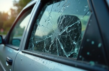 Damaged car window after crime incident. Shattered glass on vehicle. Vandalism damage on auto. Smash, impact resulted in theft. Crime scene, safety concerns, insurance claim.