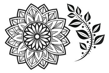 82 Intricate black and white mandala, symmetrical floral design, ornate snowflake pattern, detailed botanical illustration, radial symmetry, geometric flower petals, decorative leaf motifs, monochrome